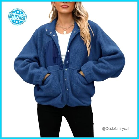 Fuzzy Sherpa Fleece Jacket Oversized Cropped Button Down Winter Outerwear - Picture 3 of 6